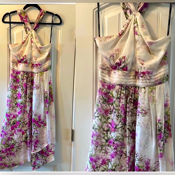 Bebe 100% Silk Purple Floral Criss Cross Halter Dress Size Medium - Picture 1 of 7